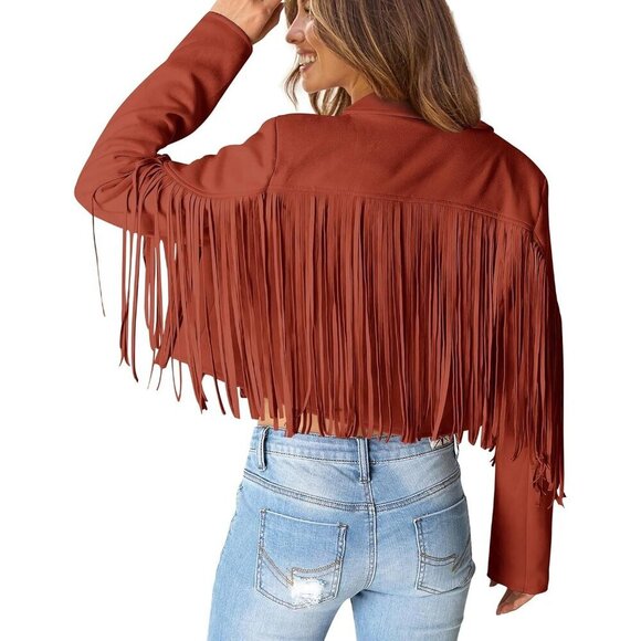 Women's  Brick Red Faux Suede Leather Tassel Motorcycle Cropped Jackets - Picture 3 of 9